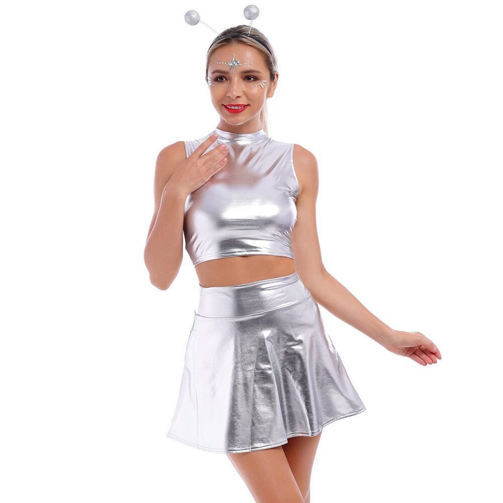 1037 3 Piece Shiny Rave Outfits Alien Costume Cami Crop Top + Flared Mini